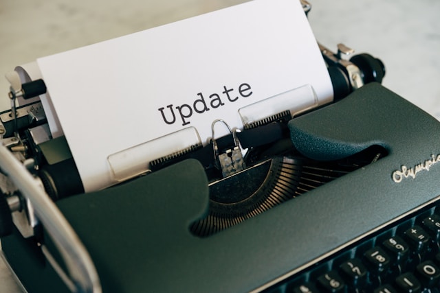 a typewriter with a paper containing the word update; Photo by Markus Winkler on Unsplash